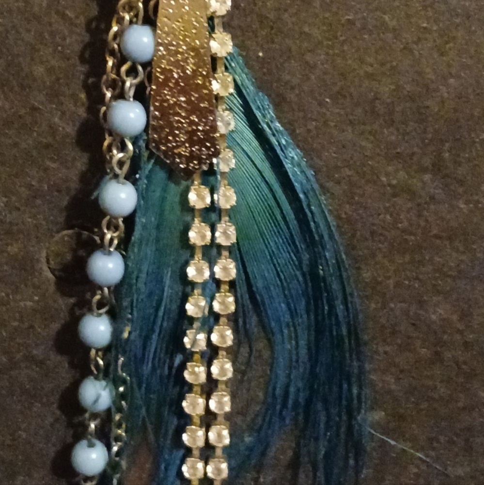 Blue Beaded Feather Earrings View 3